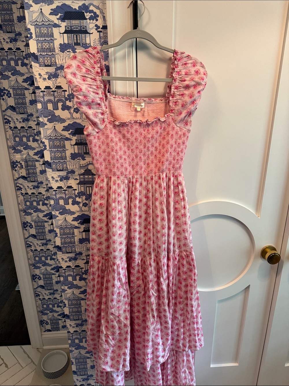 LoveShackFancy Pink Floral Maxi Dress with Puff Sleeves